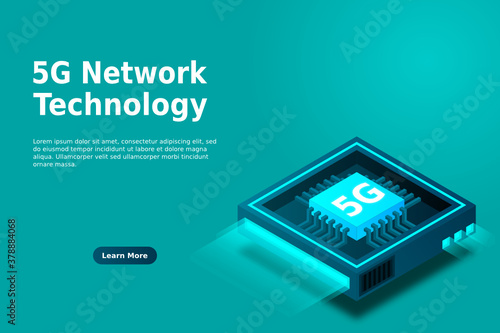 5G network processor illustration. Mobile wireless internet of next generation. Isometric futuristic micro chip. micro chip illustration. PC mainboard illustration background. 3D isometric hardware.