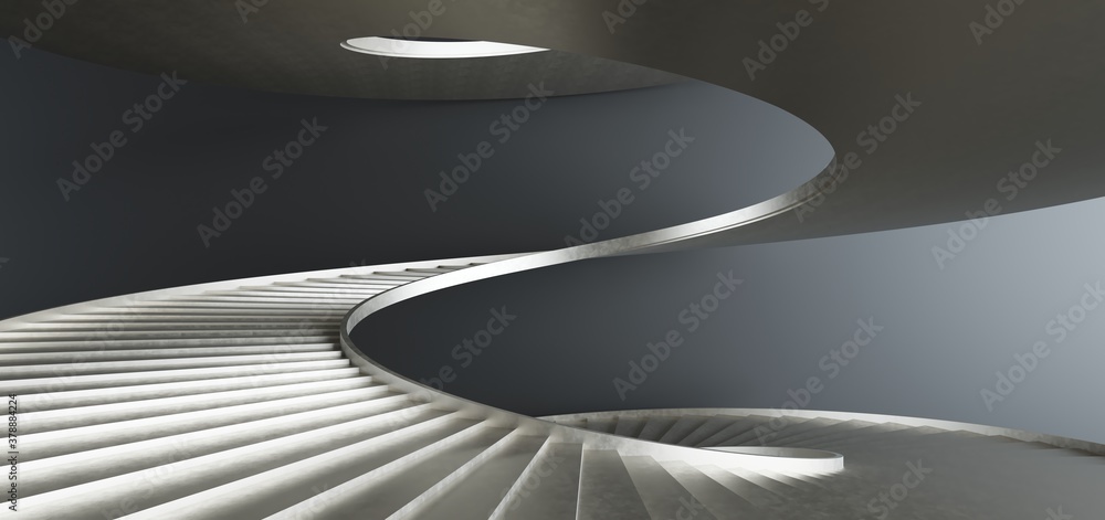 Luxury abstract architectural minimalistic background. Contemporary showroom. Gold metal spiral staircase modern staircase upward.Empty gallery. Backlight. 3D illustration and rendering.