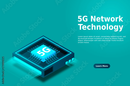 5G network processor illustration. Mobile wireless internet of next generation. Isometric futuristic micro chip. micro chip illustration. PC mainboard illustration background. 3D isometric hardware.