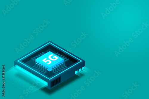 5G network processor illustration. Mobile wireless internet of next generation. Isometric futuristic micro chip. micro chip illustration. PC mainboard illustration background. 3D isometric hardware.