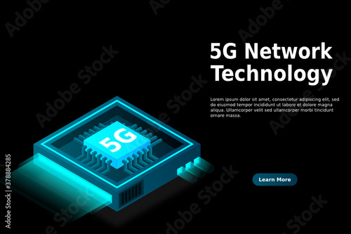 5G network processor illustration. Mobile wireless internet of next generation. Isometric futuristic micro chip. micro chip illustration. PC mainboard illustration background. 3D isometric hardware.