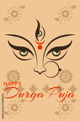 Happy Durga Puja festival template design with the face of Hindu Goddess Durga. 