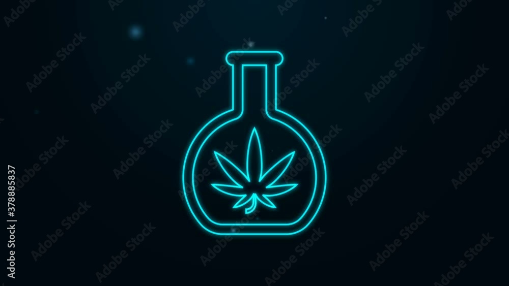 Glowing neon line Chemical test tube with marijuana or cannabis leaf icon isolated on black background. Research concept. Laboratory CBD oil concept. 4K Video motion graphic animation Glowing neon line Chemical test tube with marijuana or cannabis leaf icon isolated on black background. Research concept. Laboratory CBD oil concept. 4K Video motion graphic animation