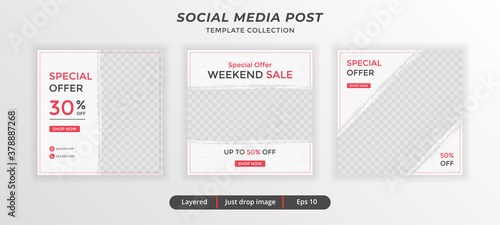 Set of editable square banner abstract template. red and white background color. Suitable for social media post and web internet ads.