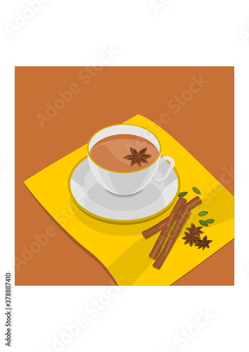 Editable Three-Quarter Top View White Cup of Masala Chai Vector Illustration With Star Anise and Herb Spices on Yellow Napkin for Artwork Element of Beverages With South Asian Culture and Tradition