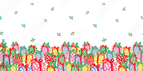 Seamless Christmas horizontal border pattern with gift box, mistletoe and berries. Hand drawn winter design