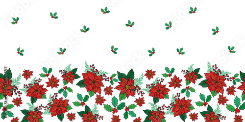 Seamless Christmas horizontal border pattern with red poinsettia, holly, mistletoe and berries on white background design