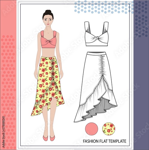  Illustration of women in summer outfit , fashion flat sketch template