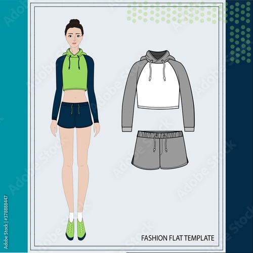  Illustration of women in casual outfit  , fashion flat sketch template