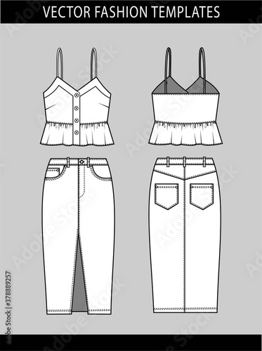 tank top and denim skirt fashion flat templates. summer outfit