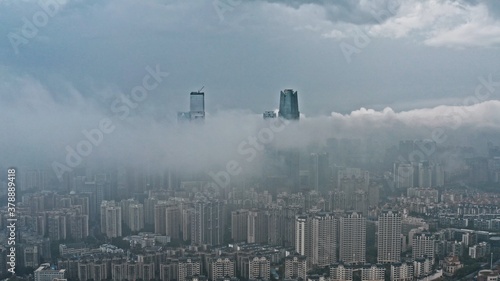 aerial view city in the fog