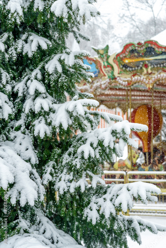 Obraz premium A fabulous view of a colorful carousel through a snow-covered spruce branch during a snowfall in the park.