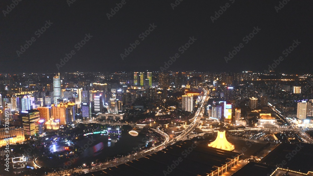 aerial view of city skyline at night