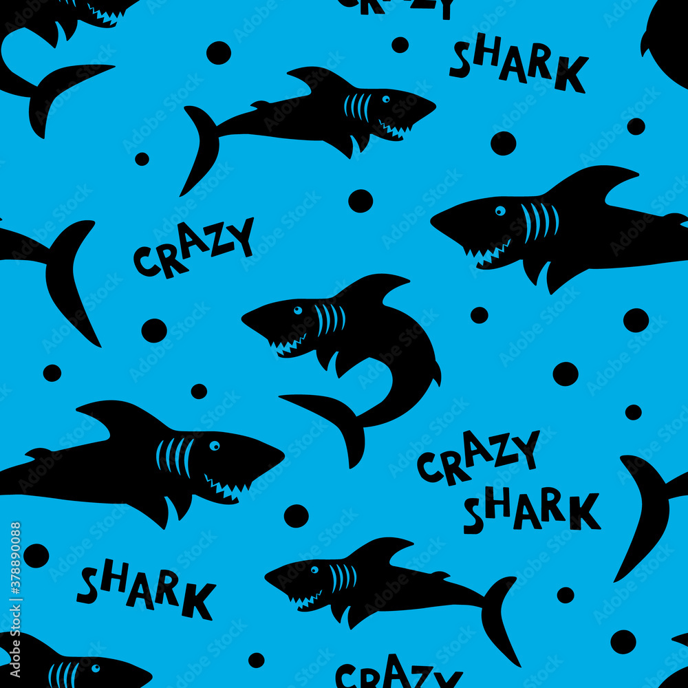 Fototapeta premium Seamless vector pattern with crazy shark silhouettes and crazy shark lettering.