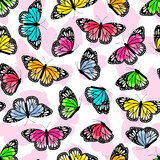 Seamless pattern with brightly colored butterflies on a white background. Vector illustration.