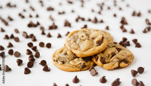 Homemade Chocolate Chip Cookies with Chocolate Chips on White Background