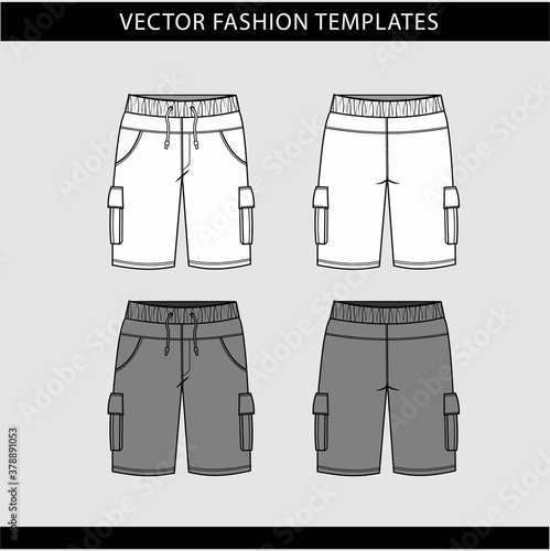 short fashion flat sketch template, Bermuda Shorts Template, Vector Illustration of pant, Men's fashion shorts front and back view
