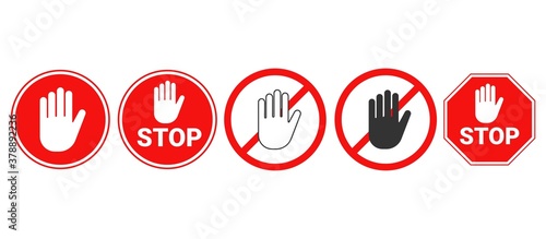 Hand forbidden vector sign. Stop hand icons set.