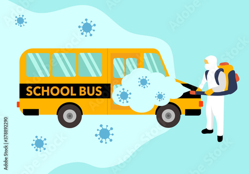 Man in hazmat suit spraying and disinfecting covid19 Coronavirus cells to clean school bus. Virus disinfection prevention illustration. Cleaning virus, bacteria and germs for students healthcare.