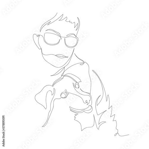 a man with a dog. contour vector drawing. a woman with a puppy. line. one line