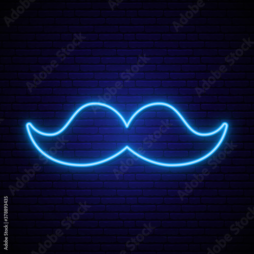 Neon blue mustache icon on dark brick wall background. Bright neon signboard. Vector illustration.