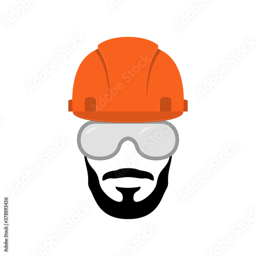 Vector builder emblem. Industry, service or repair icon. Portrait of bearded worker in helmet and protective mask.