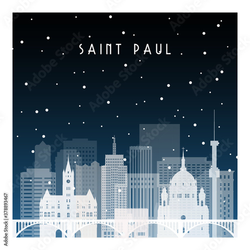 Winter night in Saint Paul. Night city in flat style for banner, poster, illustration, background.