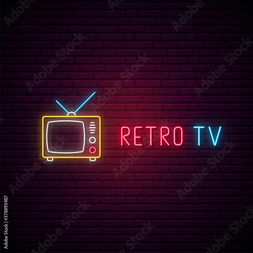Retro TV neon sign. TV Show emblem in trendy neon style. Bright light signboard. Retro TV icon. Vector illustration.