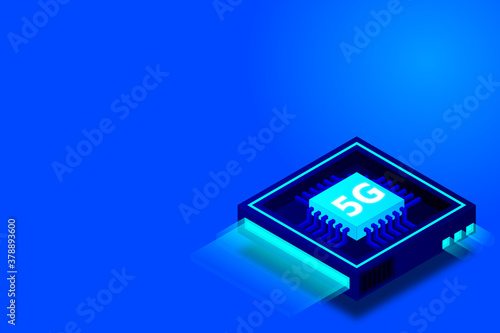 5G network processor illustration. Mobile wireless internet of next generation. Isometric futuristic micro chip. micro chip illustration. PC mainboard illustration background. 3D isometric hardware.