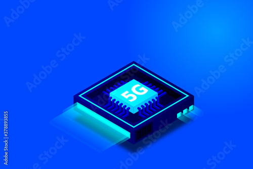 5G network processor illustration. Mobile wireless internet of next generation. Isometric futuristic micro chip. micro chip illustration. PC mainboard illustration background. 3D isometric hardware.