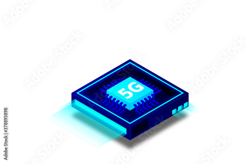 5G network processor illustration. Mobile wireless internet of next generation. Isometric futuristic micro chip. micro chip illustration. PC mainboard illustration background. 3D isometric hardware.
