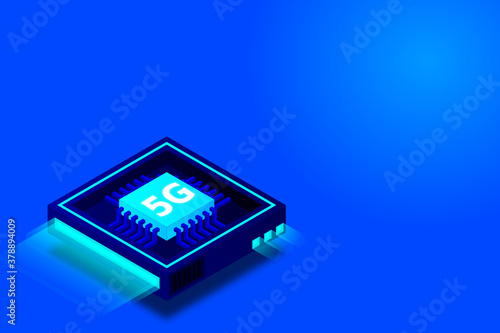 5G network processor illustration. Mobile wireless internet of next generation. Isometric futuristic micro chip. micro chip illustration. PC mainboard illustration background. 3D isometric hardware.