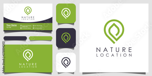 The location pin logo design is combined with natural leaves. logo with style line art minimalist and business card design