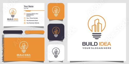 light bulb and city with line art style vector. build idea logo and business card design best energy power electricity concept.