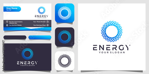 solar abstract round shape logo and business card design. dotted stylized sun logotype vector illustration.