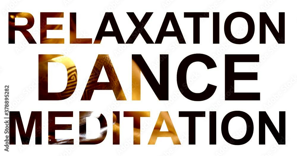 inscription relaxation, dance, meditation on white background, golden woman dance with standing bell inscription relaxation, dance, meditation on white background, golden woman dance with standing bell