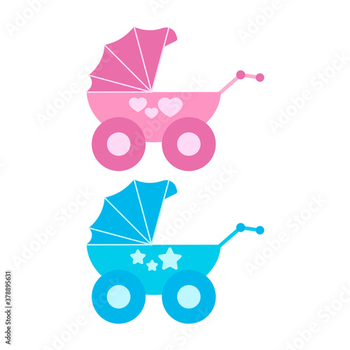 Baby carriage vector icon set isolated on white background. Signs of birth accessories - newborn pram pink with hearts for girl, blue with stars for boy . Flat design cartoon style buggy illustration.