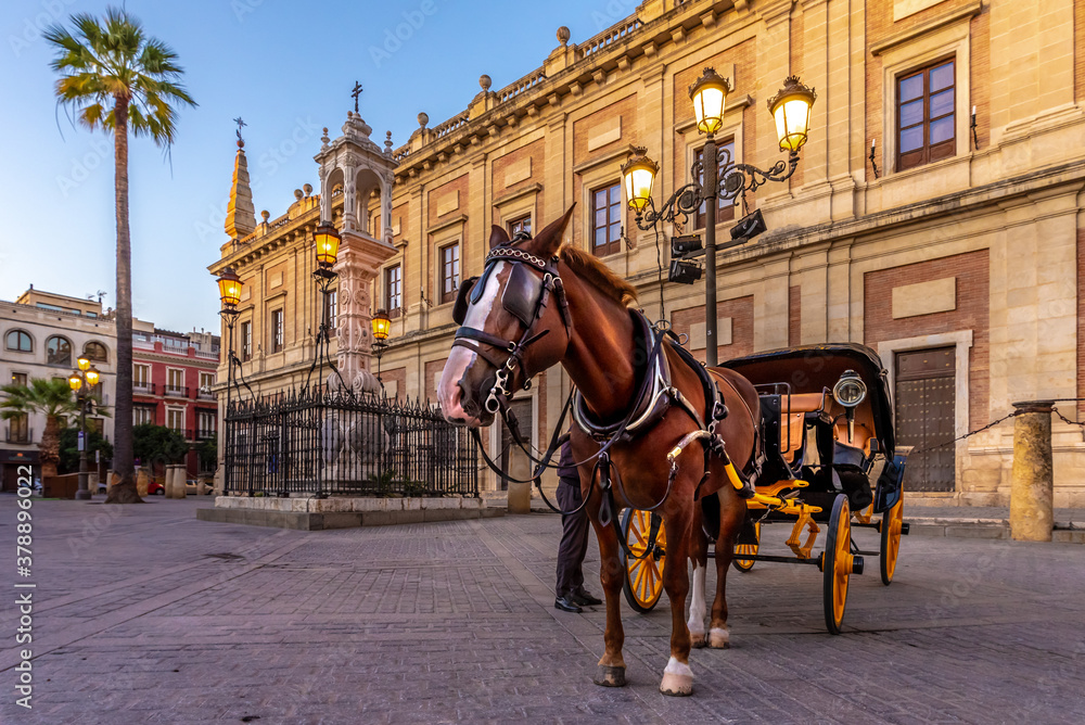 Naklejka premium Seville, Spain. October 15th, 2020. Horse-drawn carriage waiting for tourists on Calle Miguel Mañara in front of the facade of the Archivo General de Indias building.