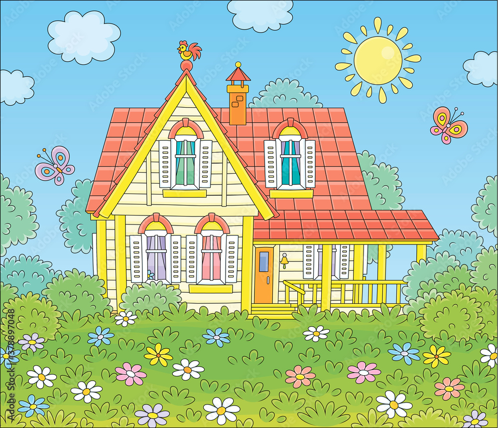 Colorful village house and a green lawn with flowers and flittering butterflies on a sunny summer day, vector cartoon illustration
