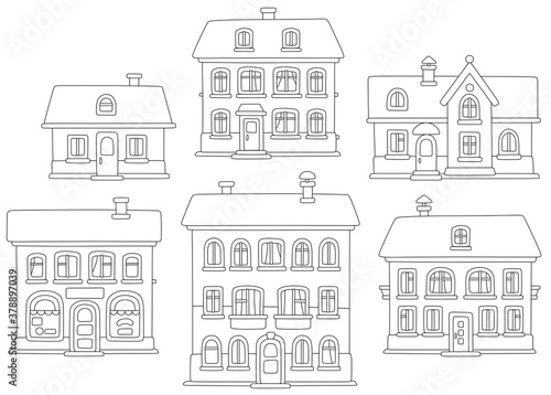 Toy town houses, black and white outline vector cartoon illustrations for a coloring book page