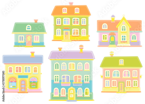 Fototapeta Naklejka Na Ścianę i Meble -  Toy colorful town houses, vector cartoon illustrations on a white background