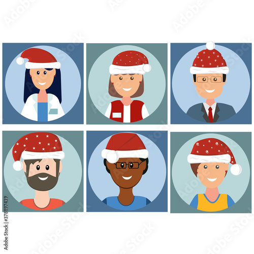 icons of people in new year hats in flect style, color vector illustration, clipart, design, decoration, banner photo