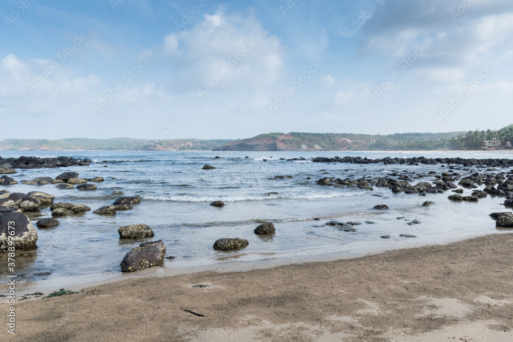 Panoramic view of rocky beach of Velneshwar in Maharashtra, India