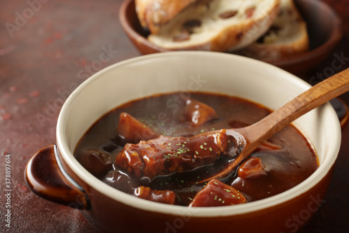 Photos 赤茶色の背景のビーフシチュー