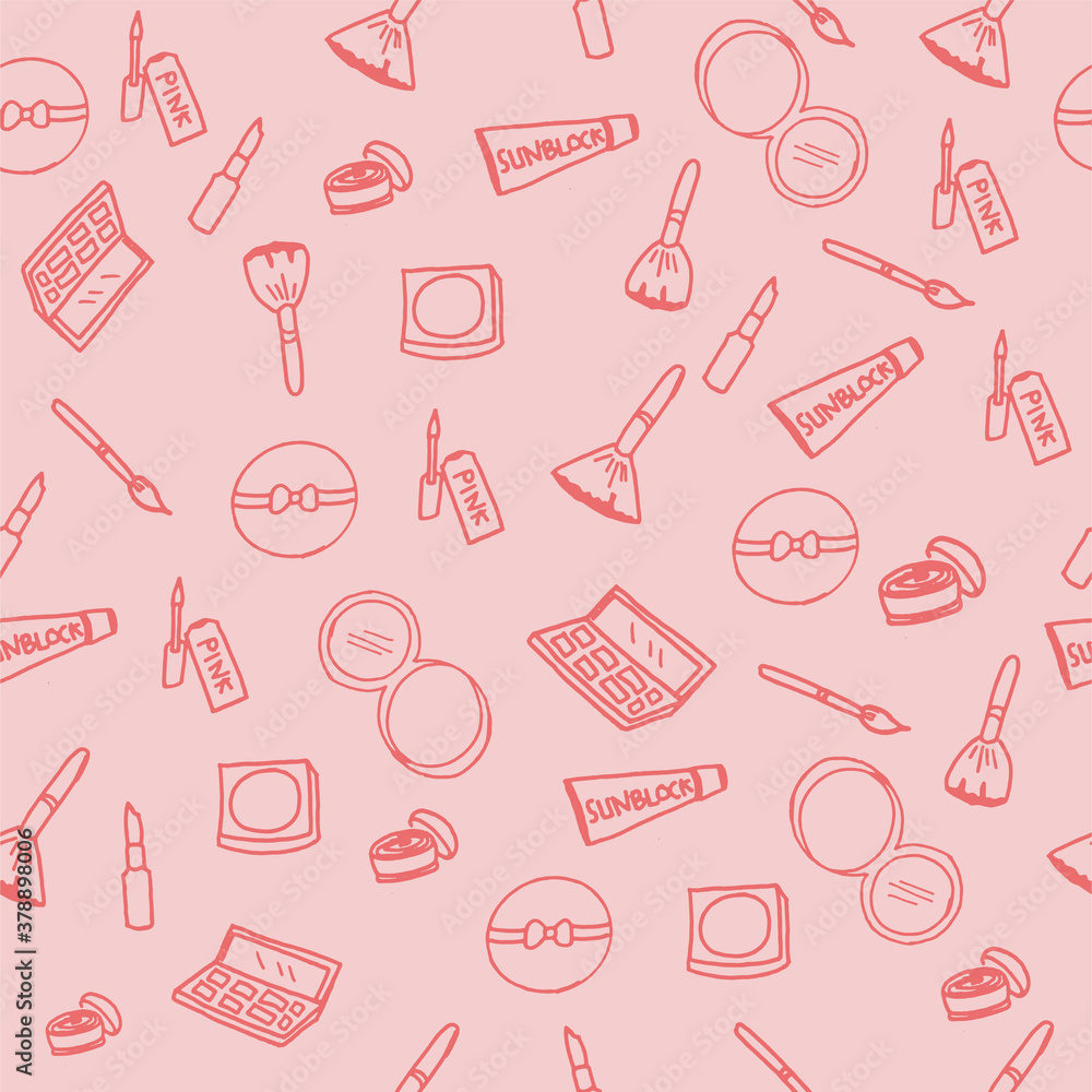 seamless pattern with makeup products isolated on pink background. cartoon style. hand drawn vector. modern scribble for kids, wallpaper, fabric, beauty icon, wrapping, paper. doodle makeup for woman. seamless pattern with makeup products isolated on pink background. cartoon style. hand drawn vector. modern scribble for kids, wallpaper, fabric, beauty icon, wrapping, paper. doodle makeup for woman.