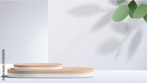 Abstract minimal scene with geometric forms. wood podium in white background with leaves. product presentation, mock up, show cosmetic product display, Podium, stage pedestal or platform. 3d vector
