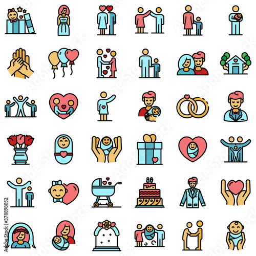 Family moments icons set. Outline set of family moments vector icons thin line color flat on white