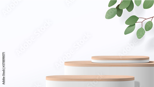 Abstract minimal scene with geometric forms. wood podium in white background with leaves. product presentation, mock up, show cosmetic product display, Podium, stage pedestal or platform. 3d vector