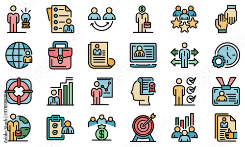 Outsource icons set. Outline set of outsource vector icons thin line color flat on white