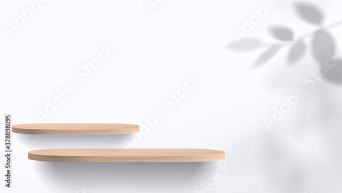 Abstract minimal scene with geometric forms. wood podium in white background with leaves. product presentation, mock up, show cosmetic product display, Podium, stage pedestal or platform. 3d vector